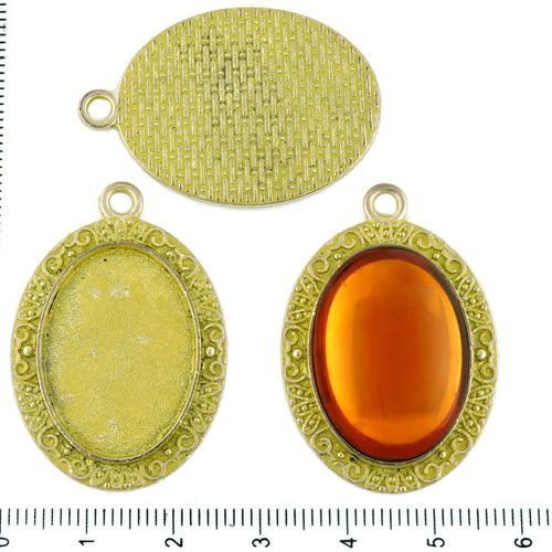 2pcs tchèque jaune patine antique ton argent grand ovale pendentif cabochon de lunette paramètre vid sku-34169