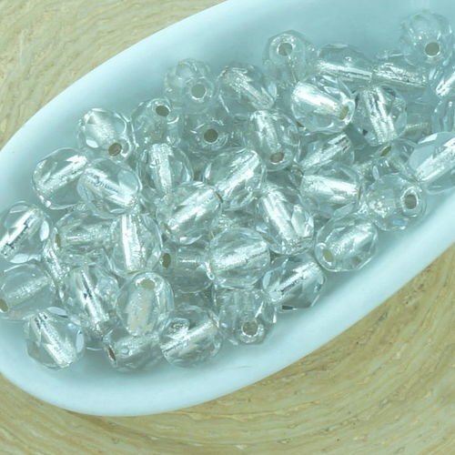 100pcs cristal d'argent bordée de ronde à facettes feu poli entretoise tchèque perles de verre de 4m sku-34547