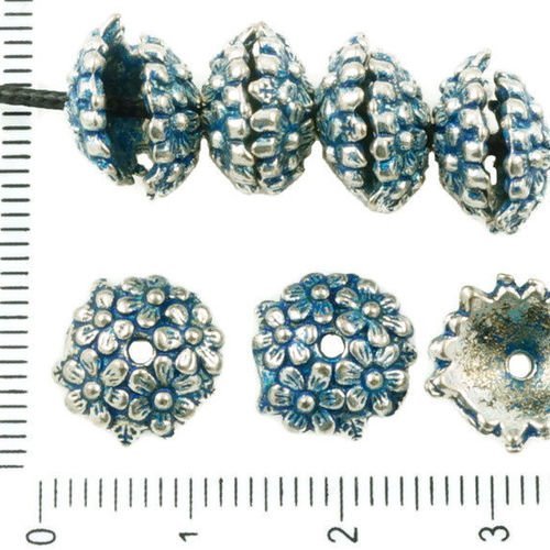 12pcs antique ton argent bleu patine laver grosse perle pompon cap couronne de fleurs floral rond tc sku-36480