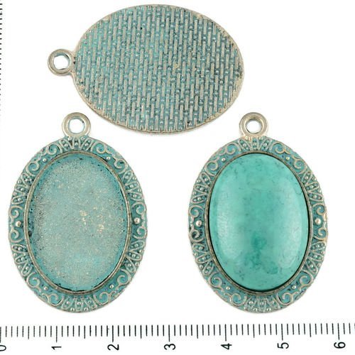 2pcs tchèque bleu turquoise patine antique ton argent grand ovale pendentif cabochon de lunette para sku-34173