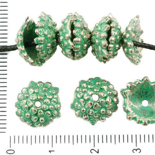 12pcs antique ton argent turquoise patine verte laver grosse perle pompon cap couronne de fleurs flo sku-36484