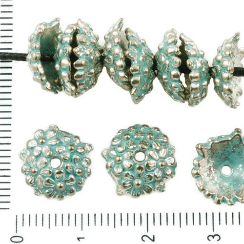 12pcs antique ton argent bleu turquoise patine laver grosse perle pompon cap couronne de fleurs flor sku-36483