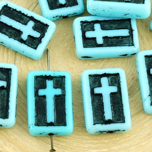 4pcs opaque turquoise bleu patine noire laver rectangle plat de la croix chrétienne chapelet crucifi sku-35094