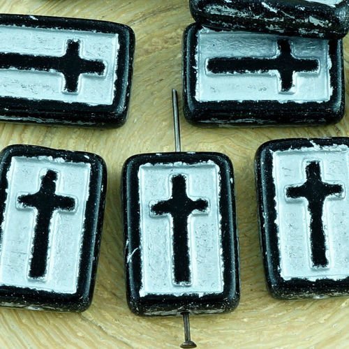 4pcs opaque noir de jais matte silver patine laver rectangle plat de la croix chrétienne chapelet cr sku-35102