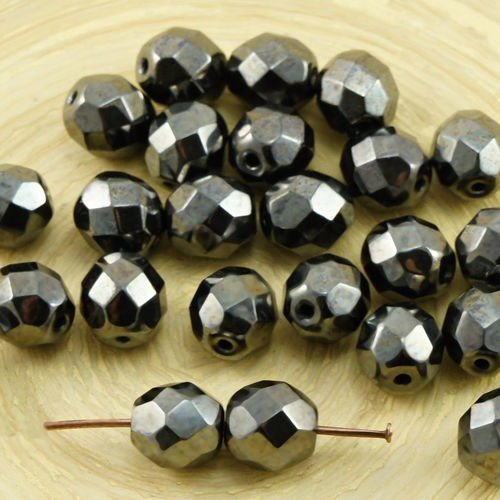 20pcs metallic argent noir lustre verre tchèque ronde à facettes feu poli perles de 8mm sku-31675