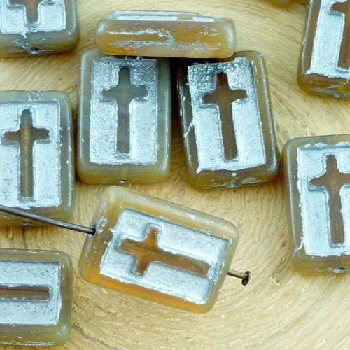 4pcs en cristal d'opale brun argent patine laver rectangle plat de la croix chrétienne chapelet cruc sku-35096