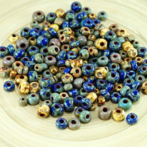 Anissa picasso exclusive mix tchèque perles de rocaille en verre rustique bleu multicolore rayé rugu sku-26721
