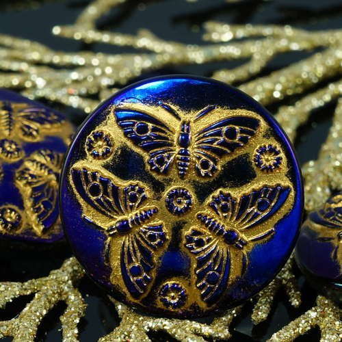1pc à la main le verre tchèque bouton grand mat d'or papillon brillant bleu foncé taille 12 27mm sku-18384