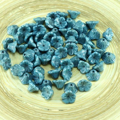 40pcs opaque gris bleu lustre verre tchèque bell fleur de perle de bouchons 7mm x 5mm sku-26744