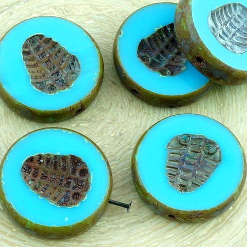 4pcs picasso brun opaque turquoise bleu bébé à plat monnaie rond trilobite fossiles marins de la fen sku-35072