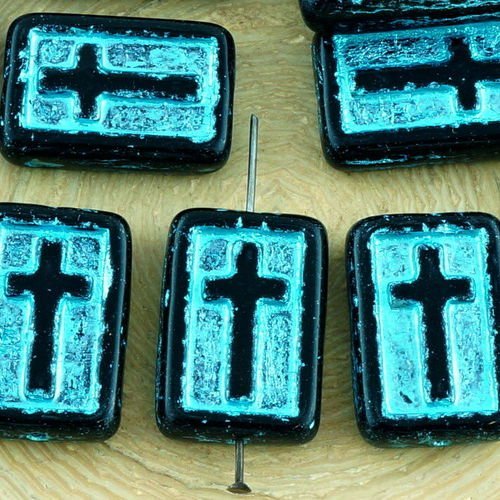 4pcs opaque jet noir turquoise patine laver rectangle plat de la croix chrétienne chapelet crucifix  sku-35103