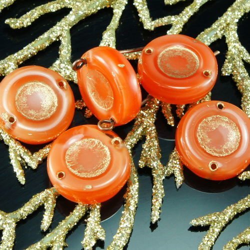 Rares orange opale mat or halloween plat rond 2 trous tchèque perles de verre de 15mm de 6pcs sku-26352