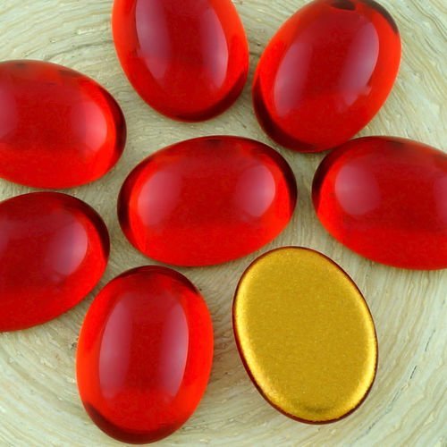 4pcs cristal rouge corail ovale en or en forme de dôme à dos plat verre tchèque en de cabochon 18mm  sku-34750