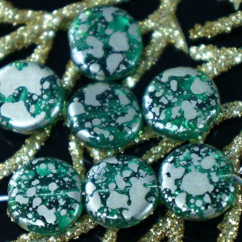 Clair vert émeraude argent repéré tchèque verre plat monnaie rond perles 10mm 16pcs sku-18399