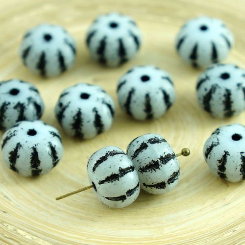 8pcs opaque blanc à rayures noires verre tchèque écrasé melon perles de la citrouille d'halloween fr sku-28738