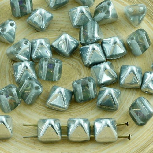 16pcs cristal d'argent de la moitié de la petite pyramide goujon 2 deux trou de verre tchèque perles sku-31334