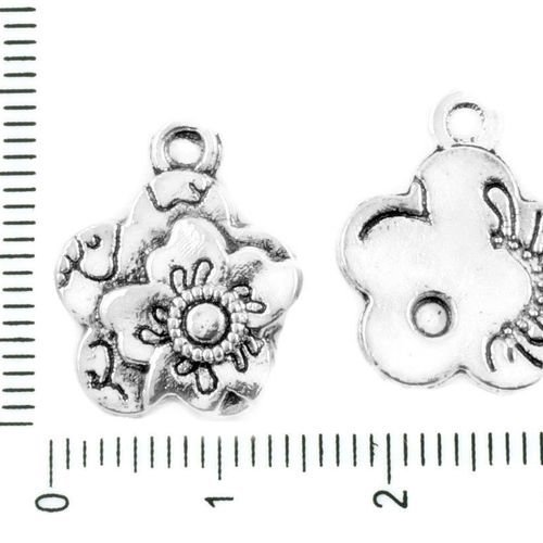 6pcs antique ton argent charms fleur floral cabochon paramètres tchèque en métal à deux faces résult sku-37245