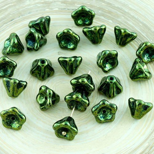 20pcs vert métallique lustre verre tchèque bell fleur de perles de bouchons 6mm x 8mm sku-28667