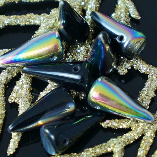D'un noir de jais dichroïque vitrail verre tchèque spike perles cône baisse épine 14mm x 6mm 14pcs sku-18923
