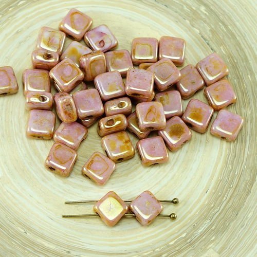 30pcs picasso valentine rose lustre losange plat carré soyeux deux trou de verre tchèque perles de 6 sku-26778