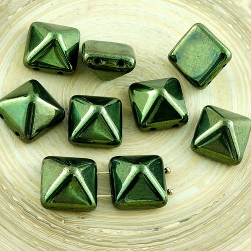 8pcs vert métallique lustre pyramide goujon 2 deux trou de verre tchèque perles 12mm x sku-30249