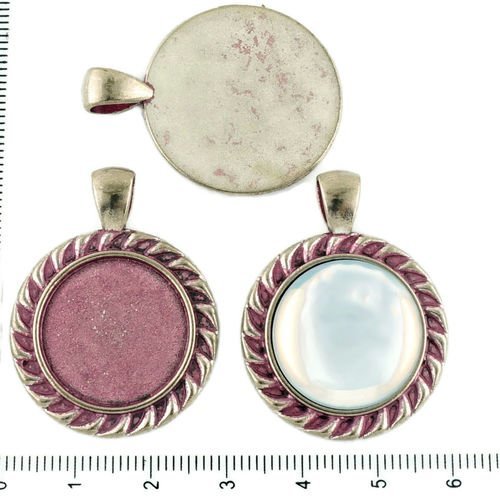 2pcs tchèque valentine rose patine antique ton argent grand pendentif rond cabochon paramètres de lu sku-34212