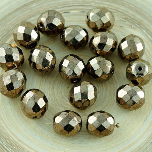 10pcs métallique âge d'or de bronze verre tchèque ronde à facettes feu poli perles 10mm sku-29062