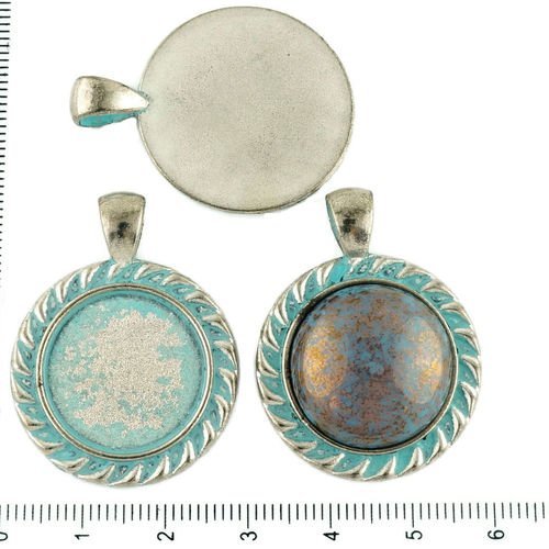 2pcs tchèque bleu turquoise patine antique ton argent grand pendentif rond cabochon paramètres de lu sku-34214