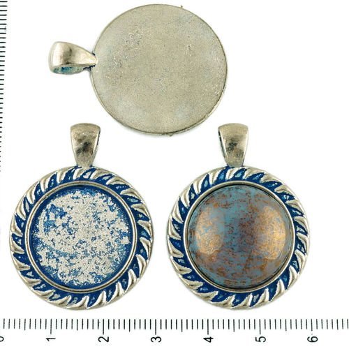 2pcs tchèque bleu patine antique ton argent grand pendentif rond cabochon paramètres de lunette vide sku-34215