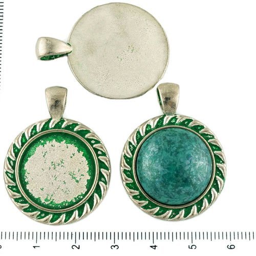 2pcs tchèque vert turquoise patine antique ton argent grand pendentif rond cabochon paramètres de lu sku-34216
