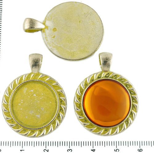 2pcs tchèque jaune patine antique ton argent grand pendentif rond cabochon paramètres de lunette vid sku-34211