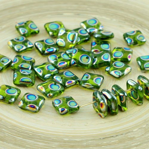 30pcs cristal péridot vert parsemé de paon dichroïque vitrail plat carré paillettes squarelet un tro sku-28643