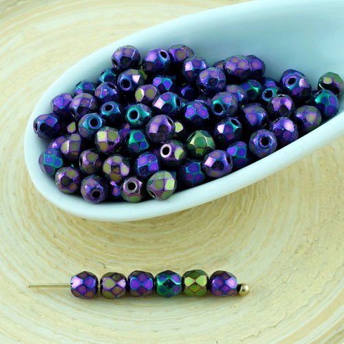 100pcs métallique iris violet bleu rond en verre tchèque perles à facettes feu poli petit écarteur 3 sku-28703