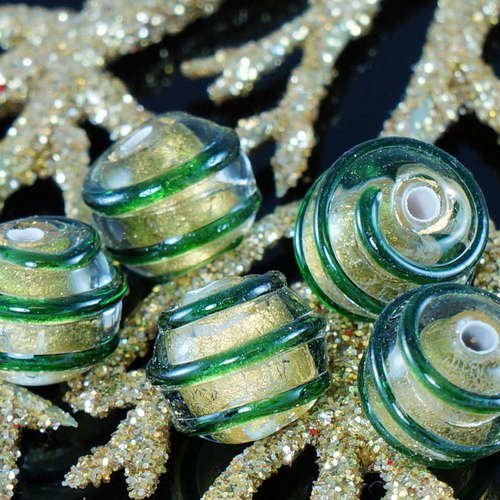 Solide or 24 k lampwork vert rayé tchèque verre à la main perles rondes paire sra artisan ensemble 1 sku-19131