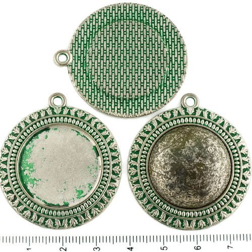 2pcs tchèque vert turquoise patine antique ton argent grand pendentif rond cabochon paramètres flora sku-34260