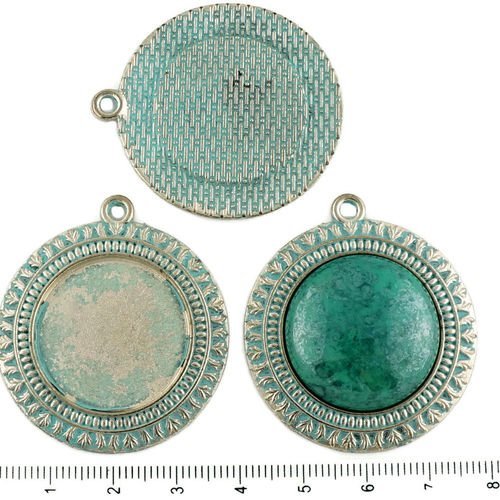 2pcs tchèque bleu turquoise patine antique ton argent grand pendentif rond cabochon paramètres flora sku-34262