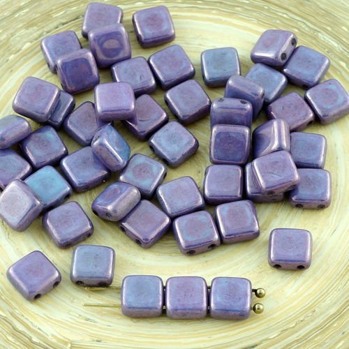 40pcs vega violet lustre tuile de verre tchèque perles de deux trous plat carré de 6mm x 6mm sku-28535