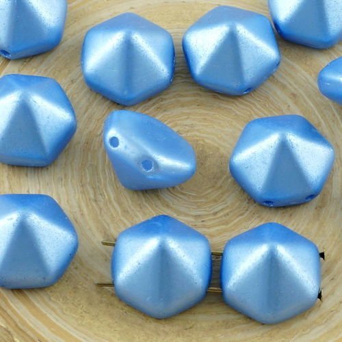 6pcs pastel nacré mat lumière bleu saphir hexagone pyramide 2 deux trou de verre tchèque perles 12mm sku-30909
