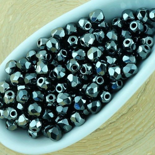 100pcs metallic dark silver ronde à facettes feu poli petite entretoise de verre tchèque perles de 3 sku-33070