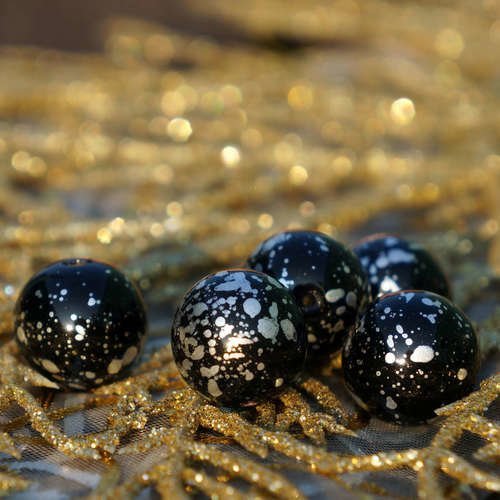 Grand black silver spotted halloween verre tchèque perles rondes de 13mm de 6pcs sku-17146