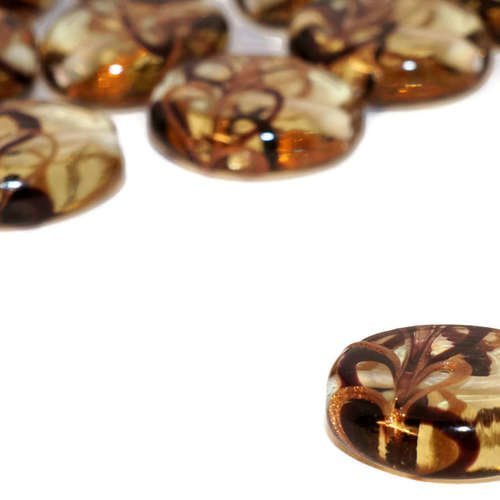 Verre tchèque jaune lampwork faits à la main de perles rondelle comprimé rond de forme plate en or n sku-17246