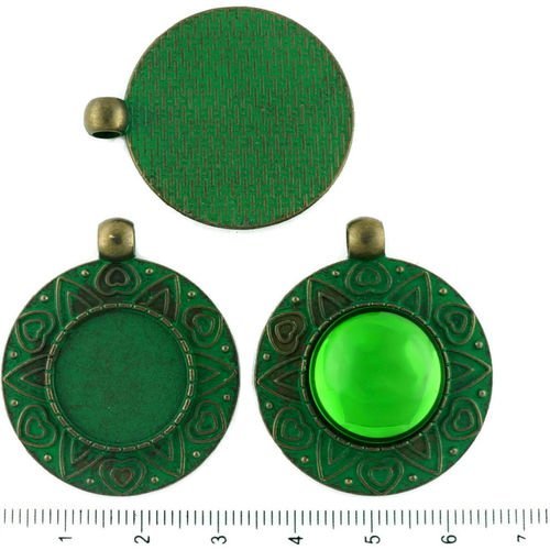 2pcs tchèque vert turquoise patine bronze antique rond pendentif cabochon paramètres de coeur saint- sku-34271