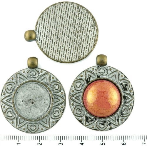 2pcs tchèque matte silver patine bronze antique rond pendentif cabochon paramètres de coeur saint-va sku-34274