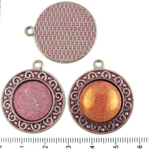 2pcs tchèque valentine rose patine antique ton argent pendentif rond cabochon paramètres spirale lun sku-34291