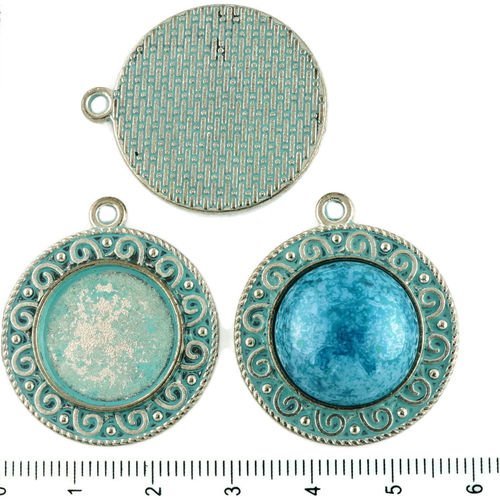 2pcs tchèque bleu turquoise patine antique ton argent pendentif rond cabochon paramètres spirale lun sku-34293