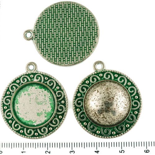 2pcs tchèque vert turquoise patine antique ton argent pendentif rond cabochon paramètres spirale lun sku-34295