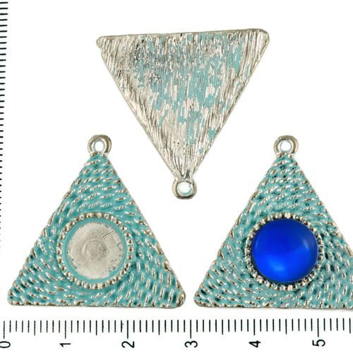 2pcs tchèque bleu turquoise patine antique ton argent pendentif rond cabochon paramètres triangle lu sku-34315