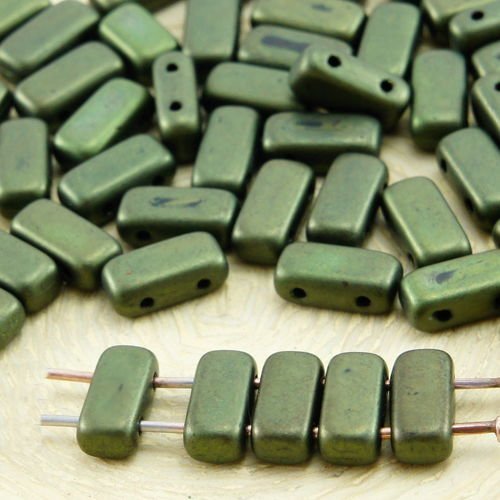 40pcs mat métallisé vert lustre plat briques rectangle de la barre 2 deux trou de verre tchèque perl sku-32442