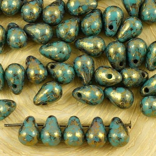 40pcs opaque turquoise green en terre cuite bronze larme petite de verre tchèque perles de 4 mm x 6  sku-35047