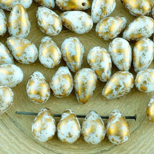20pcs opaque à la craie blanche pluie dorée en forme de larme verre tchèque perles de 9mm x 6mm sku-35355